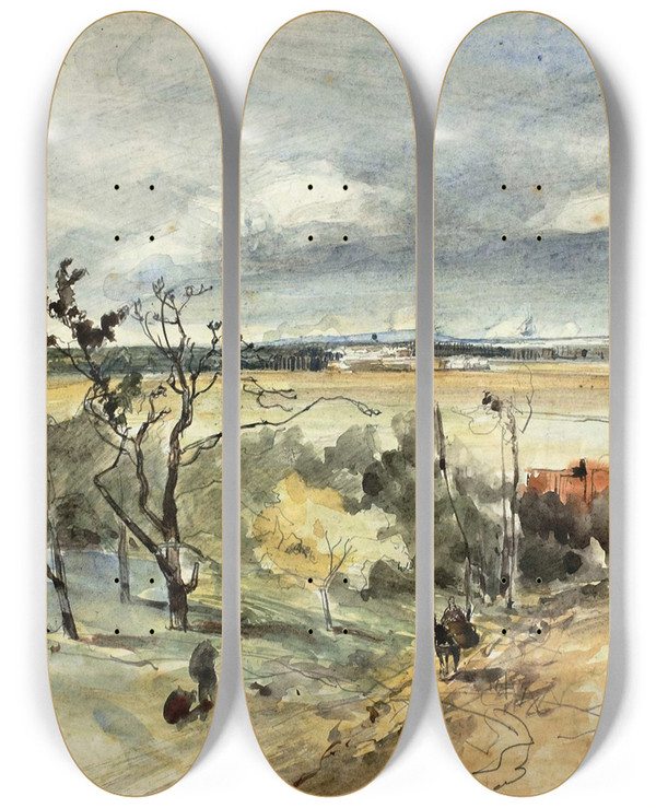Triptych art skateboard deck of Johan Barthold Jongkind Landscape With Man On A Donkey by Johan Barthold Jongkind (1819-1891)