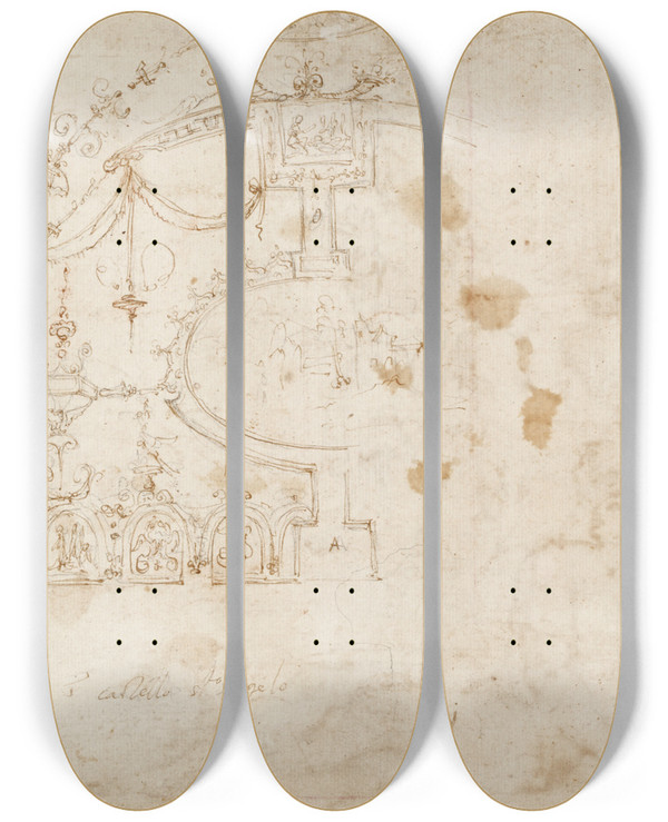 Triptych art skateboard deck of Giovanni Battista Naldini Grotesque Vault by Giovanni Battista Naldini (1535-1591)