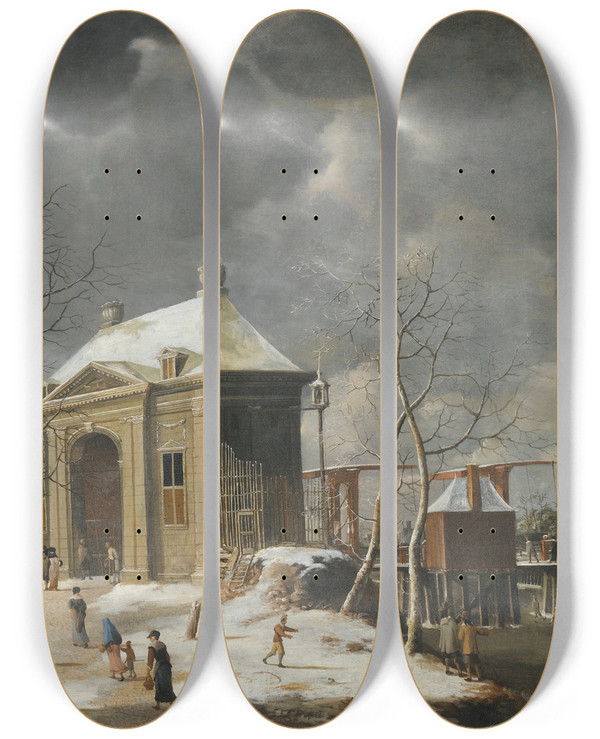 Triptych art skateboard deck of Jan Abrahamsz Beerstraaten Amsterdam A View Of The Heiligewegspoort From The Northwest With Skaters On A Frozen Canal by Jan Abrahamsz Beerstraaten (1622-1666)