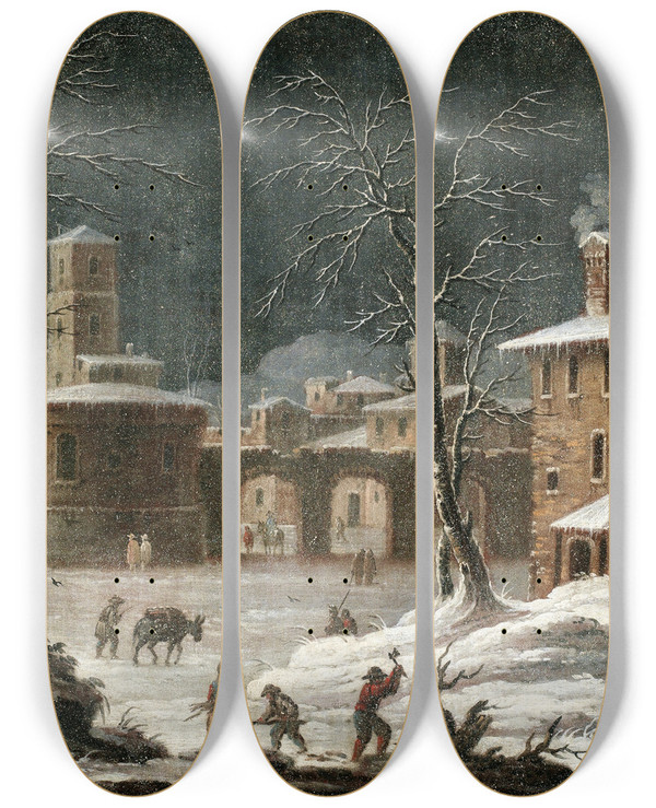 Triptych art skateboard deck of Bartolomeo Pedone Landscape Under Snow by Bartolomeo Pedone (1665-1733)