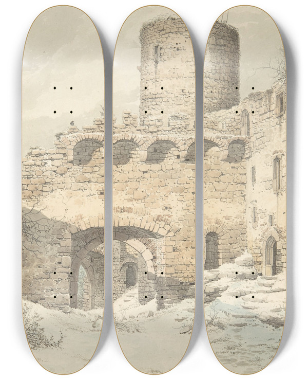 Triptych art skateboard deck of Carl Julius Von Leypold Winter View Of The Courtyard Of A Medieval Castle In Ruins by Carl Julius Von Leypold (1806-1874)