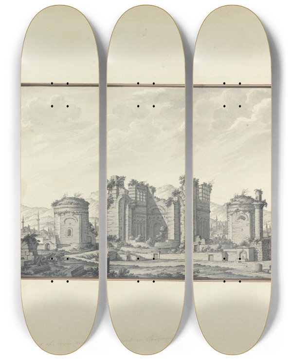 Triptych art skateboard deck of Giovanni Battista Borra The Basilica At Pergamon by Giovanni Battista Borra (1713-1770)