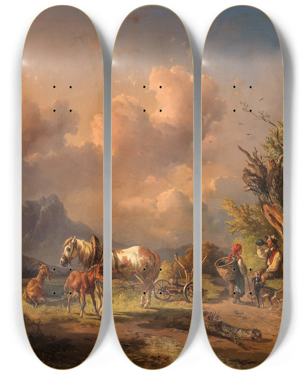 Triptych art skateboard deck of Edmund Mahlknecht A Peasant Resting With Grazing Animals And A Foal_3 by Edmund Mahlknecht (1820-1903)