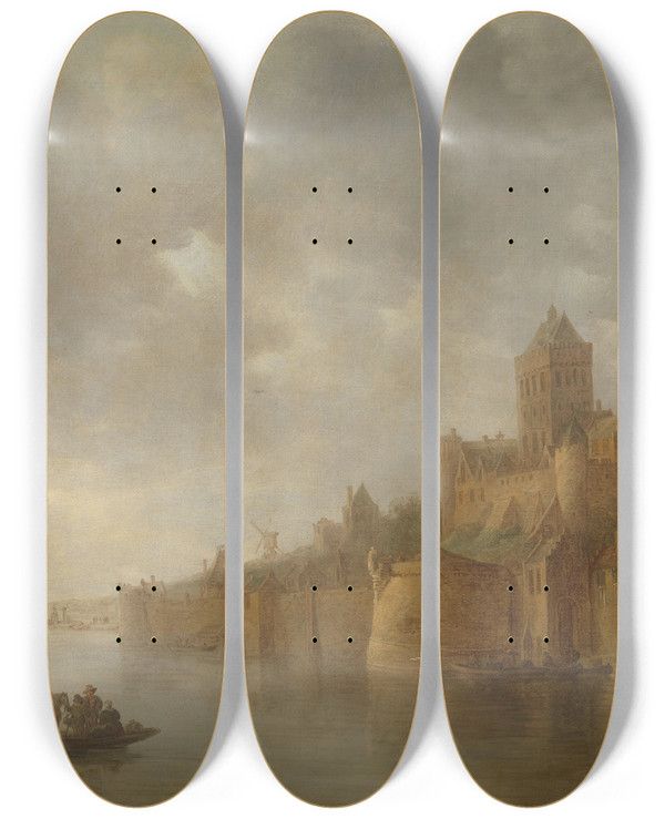 Triptych art skateboard deck of Jan Van Goyen The Valkhof In Nijmegen by Jan Van Goyen (1596-1656)