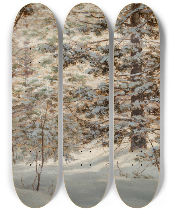 Triptych art skateboard deck of Robert Melvin Decker Winter Pine by Robert Melvin Decker (1847-1921)