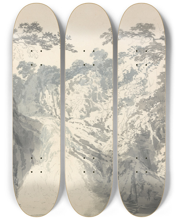 Triptych art skateboard deck of Joseph Mallord William Turner Landscape With Waterfall by Joseph Mallord William Turner (1775-1851)