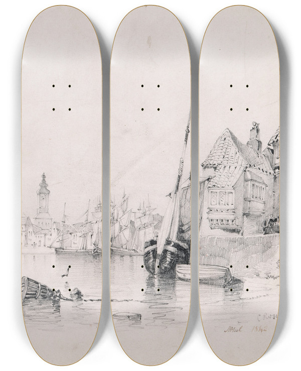 Triptych art skateboard deck of Jeremiah Hodges Mulcahy A Flemish Port by Jeremiah Hodges Mulcahy (1804-1889)