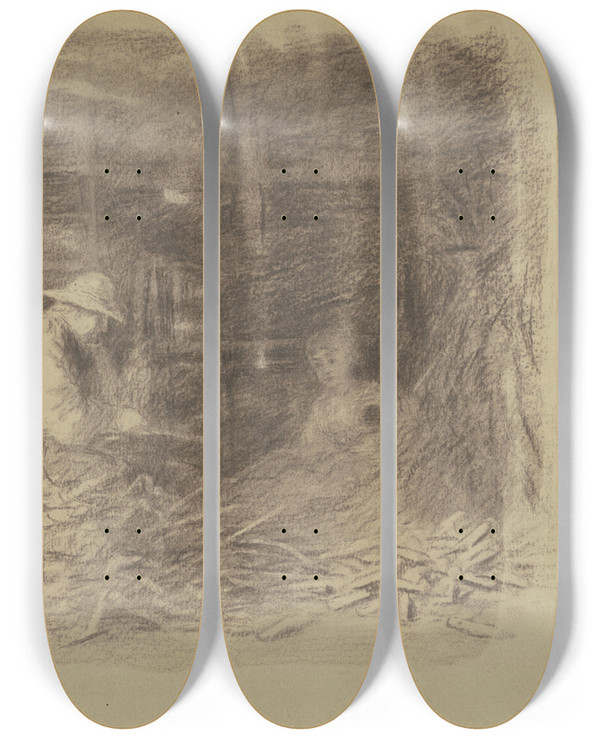 Triptych art skateboard deck of Enoch Wood Perry Jr Farmers Shucking Corn Recto by Enoch Wood Perry Jr (1831-1915)