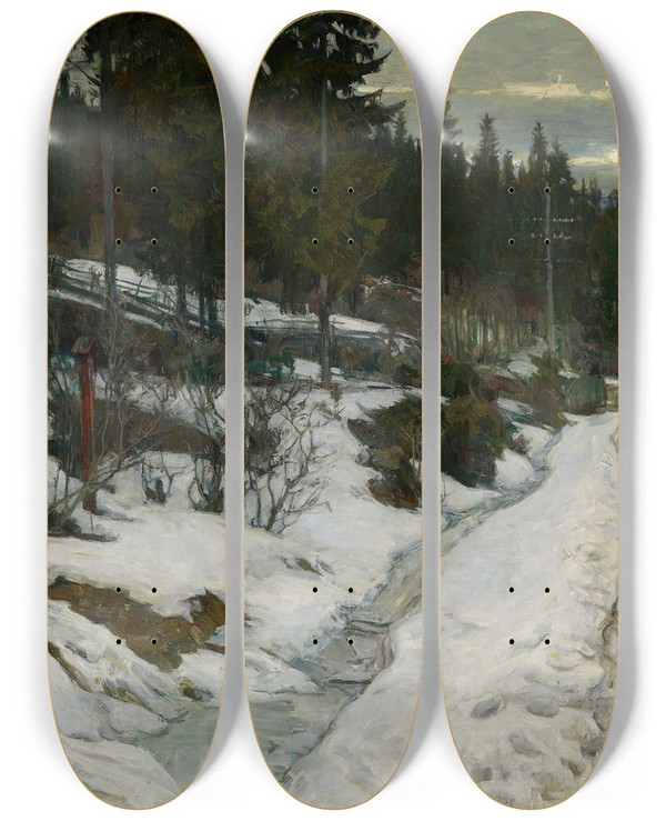 Triptych art skateboard deck of Gerhard Munthe Winter In Nittedal by Gerhard Munthe (1849-1929)