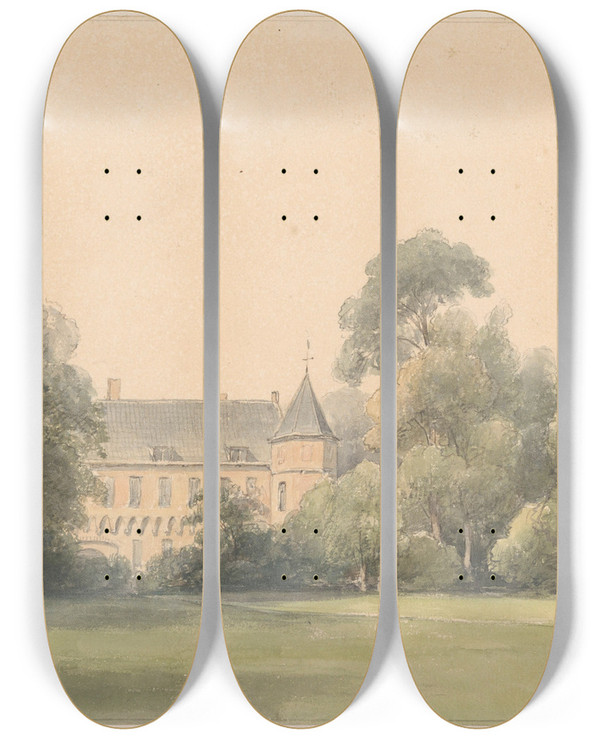 Triptych art skateboard deck of Andreas Schelfhout Gezicht Op Het Oude Loo by Andreas Schelfhout (1787-1870)