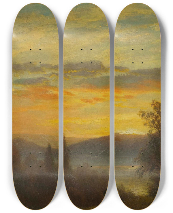 Triptych art skateboard deck of Albert Bierstadt On The Hudson River Near Irvington by Albert Bierstadt (1830-1902)