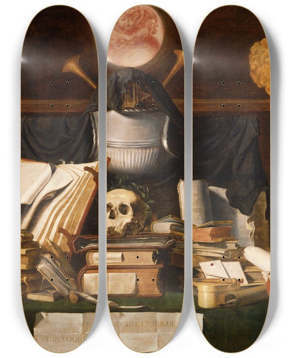 Triptych art skateboard deck of Jacob De Gheyn Ii Vanitas Stilllife by Jacob de Gheyn II (1565-1629)