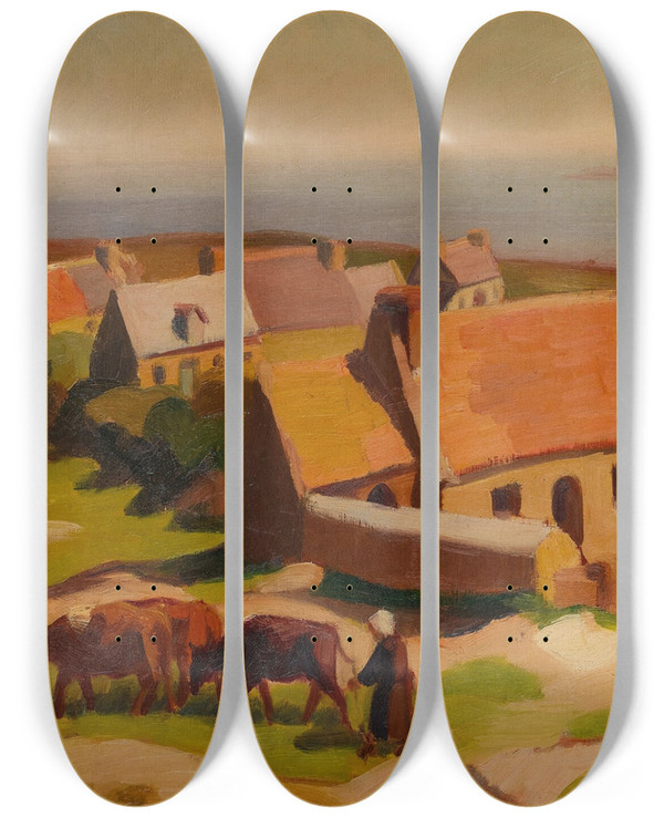 Triptych art skateboard deck of Emmanuel De La Villon Paysage De Perros Gui by Emmanuel de La Villon (1858-1944)