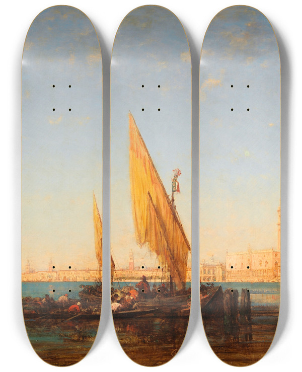 Triptych art skateboard deck of Flix Ziem Venice A Scene With Boats by Felix Ziem (1821-1911)