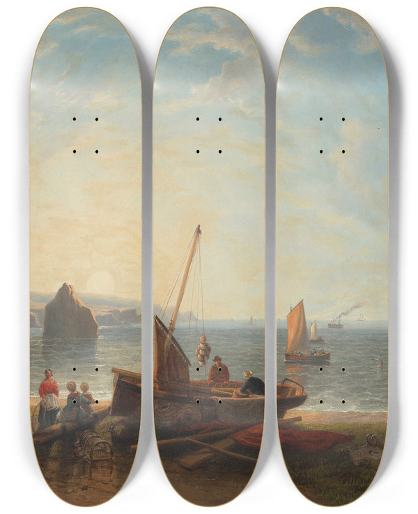 Triptych art skateboard deck of John Wilson Carmichael Unloading The Catch In Freshwater Bay by John Wilson Carmichael (1800-1868)