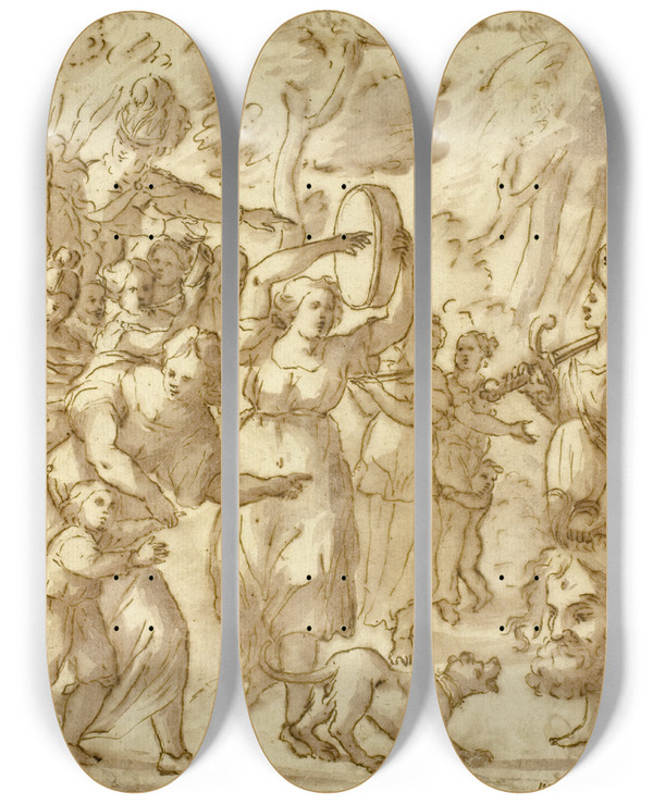 Triptych art skateboard deck of Andrea Passanini Truimph Of David Over Goliath by Andrea Passanini (16-)