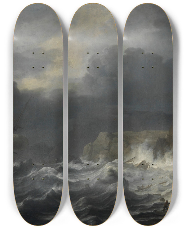 Triptych art skateboard deck of Jan Theunisz Blanckerhoff Seascape by Jan Theunisz Blanckerhoff (1628-1699)