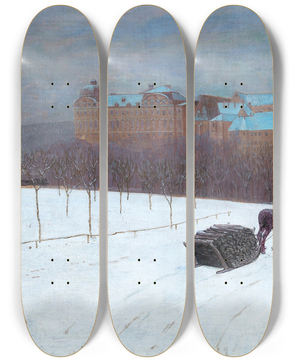 Triptych art skateboard deck of Max Kahrer Winter Landscape At Klosterneuburg by Max Kahrer (1878-1937)