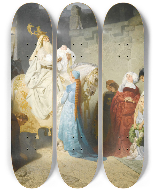 Triptych art skateboard deck of Emil Lauffer Merlin Presenting The Future King Arthur by Emil Lauffer (1837-1909)