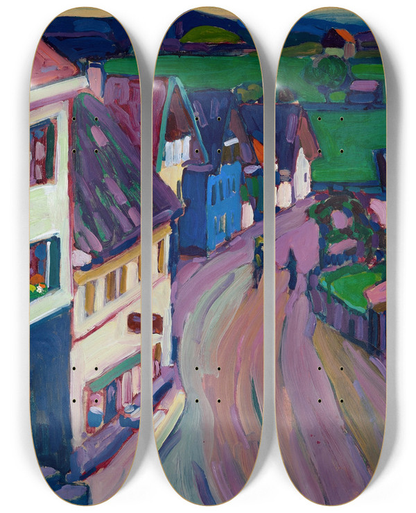 Triptych art skateboard deck of Wassily Kandinsky Murnau View From The Window Of The Griesbru by Wassily Kandinsky (1866-1944)