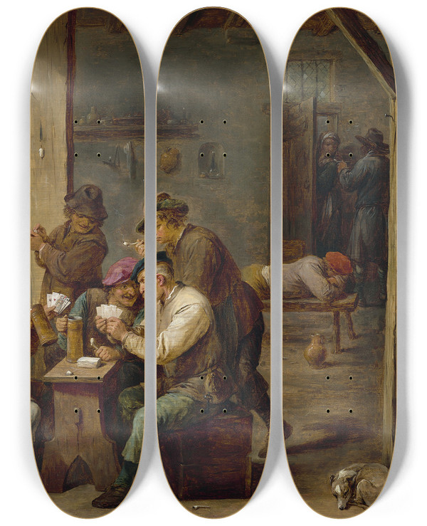 Triptych art skateboard deck of David Teniers The Younger Tavern Scene_1 by David Teniers The Younger (1610-1690)