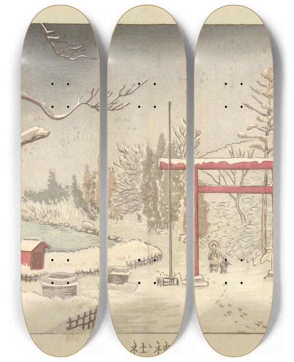Triptych art skateboard deck of Kobayashi Kiyochika The Hakone Shrine In The Snow by Kobayashi Kiyochika (1847-1915)