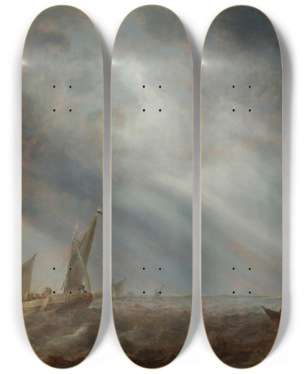 Triptych art skateboard deck of Abraham Van Beijeren Various Sailing Vessels And A Rowing Boat With Fishermen On Choppy Waters Under A Stormy Sky by Abraham Van Beyeren (1620-1690)