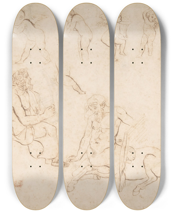 Triptych art skateboard deck of Eugne Delacroix Standing Nude Athlete Seated Man With A Lyre Centaur And Seven Putti Three With Wings by Eugene Delacroix (1798-1863)