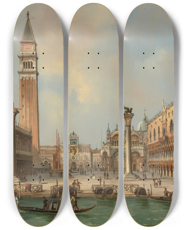 Triptych art skateboard deck of Carlo Grubacs View Of The Piazzetta Di San Marco Venice by Carlo Grubacs (1812-1870)