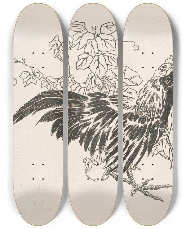 Triptych art skateboard deck of Flix Bracquemond Un Coq Et Des Liserons by Felix Bracquemond (1833-1914)
