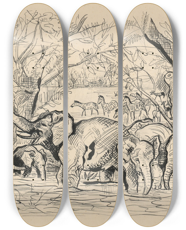 Triptych art skateboard deck of Arnold Peter Weiszkubnan Stories In Wilderness 9 by Arnold Peter Weisz-Kubnan (1898-1944)