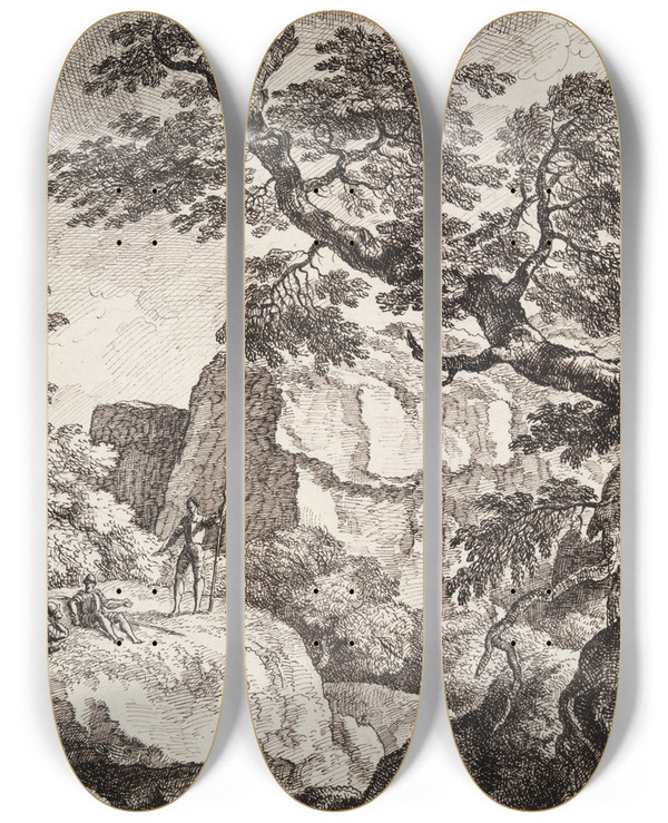 Triptych art skateboard deck of Carl Wilhelm Kolbe The Elder Three Soldiers In A Hillylandscape by Carl Wilhelm Kolbe the elder (1757-1835)