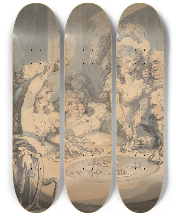 Triptych art skateboard deck of Thomas Rowlandson A Gaming Table At Devonshire House by Thomas Rowlandson (1756-1827)