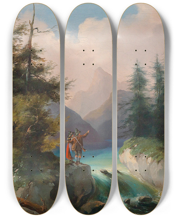Triptych art skateboard deck of Gustav Barbarini Schne Aussicht by Gustav Barbarini (1840-1909)