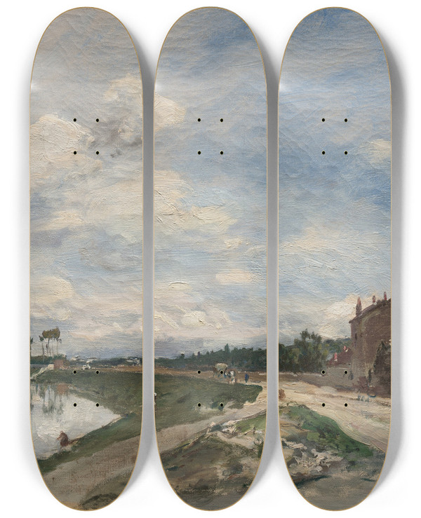 Triptych art skateboard deck of Johan Barthold Jongkind The Seine At Basmeudon by Johan Barthold Jongkind (1819-1891)