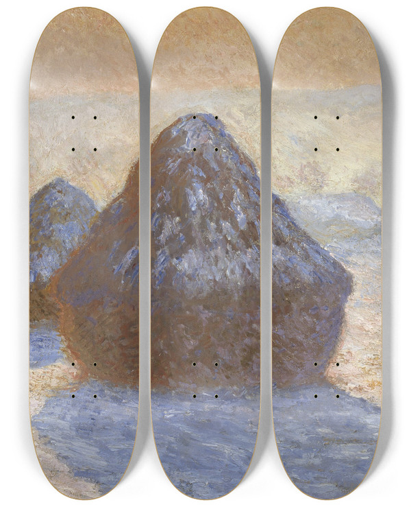 Triptych art skateboard deck of Claude Monet Haystacks Snow Effect by Claude Monet (1840-1926)