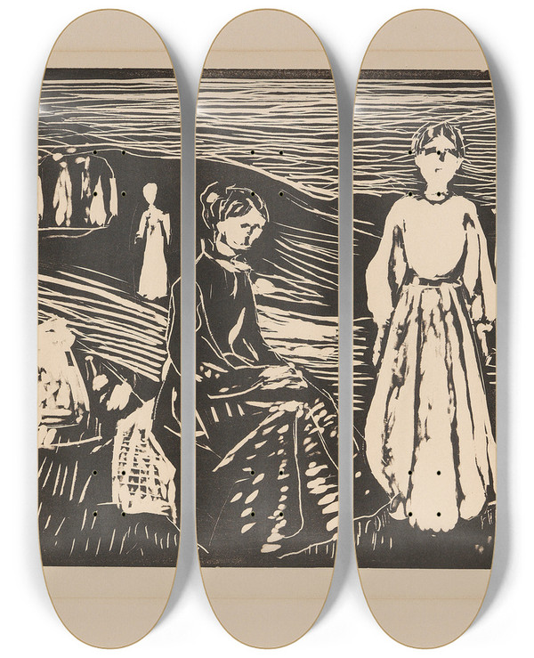 Triptych art skateboard deck of Edvard Munch Frauen Am Strand by Edvard Munch (1863-1944)