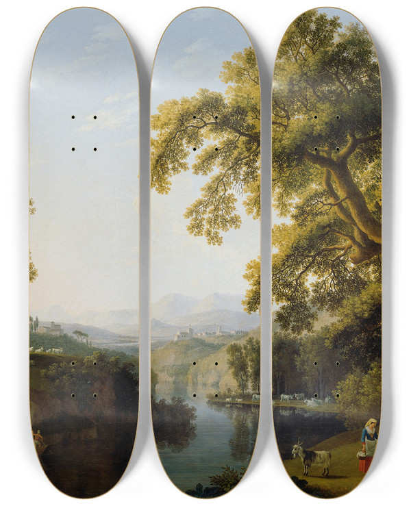 Triptych art skateboard deck of Jakob Philipp Hackert Flusstal Von Isernia Bei Neapel by Jakob Philipp Hackert (1737-1807)