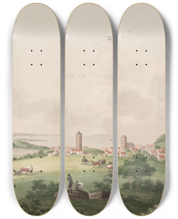 Triptych art skateboard deck of Sren L Lange Vordingborg by Soren L Lange (1760-1828)
