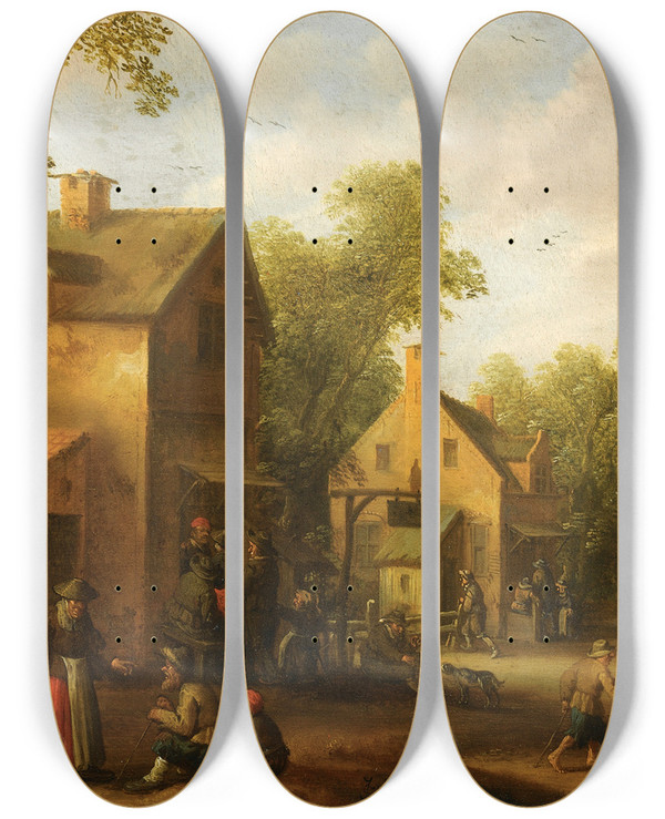 Triptych art skateboard deck of Joost Cornelisz Droochsloot Village Scene With Peasants by Joost Cornelisz Droochsloot (1586-1666)