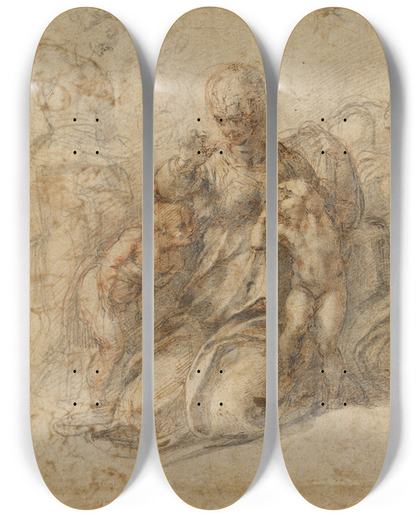 Triptych art skateboard deck of Michelangelo The Holy Family With The Infant Saint John The Baptist by Michelangelo (1475-1564)
