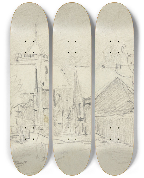 Triptych art skateboard deck of Anton Burger Blick Auf Die Stadtkirche St Johann In Kronberg by Anton Burger (1824-1905)