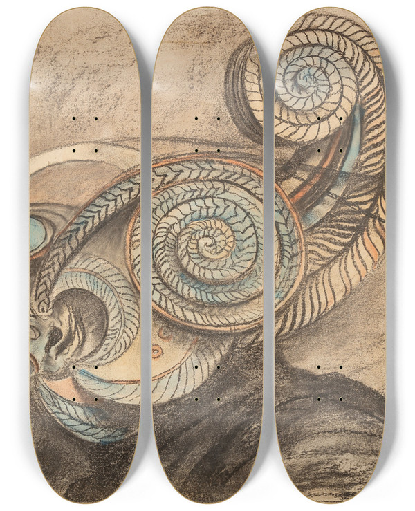 Triptych art skateboard deck of Wladyslaw Theodore Benda Mask by Wladyslaw Theodore Benda (1873-1948)