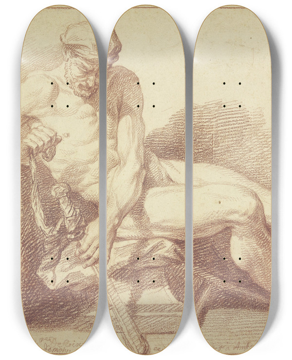 Triptych art skateboard deck of Bernard Picart Academy Study Seated Nude With A Sword by Bernard Picart (1673-1733)