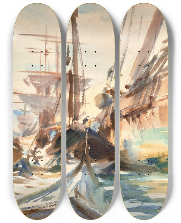 Triptych art skateboard deck of John Singer Sargent Unloading Boats by John Singer Sargent (1856-1925)