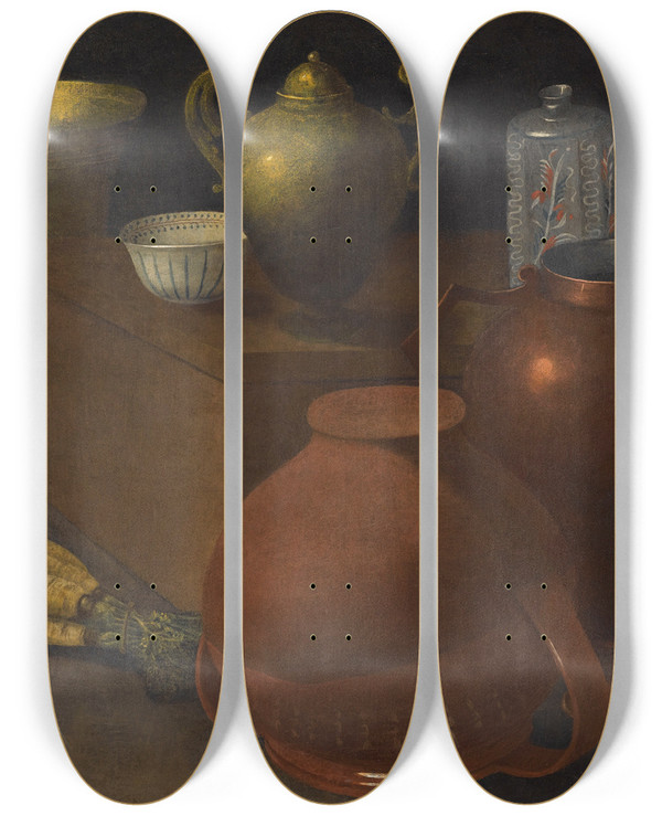Triptych art skateboard deck of Rodolfo Lodi A Still Life With Two Wicker Covered Glass Bottles An Upturned Terracotta Pot A Selection Of Other Vessels And A Bunch Of Carrots by Rodolfo Lodi (17-)