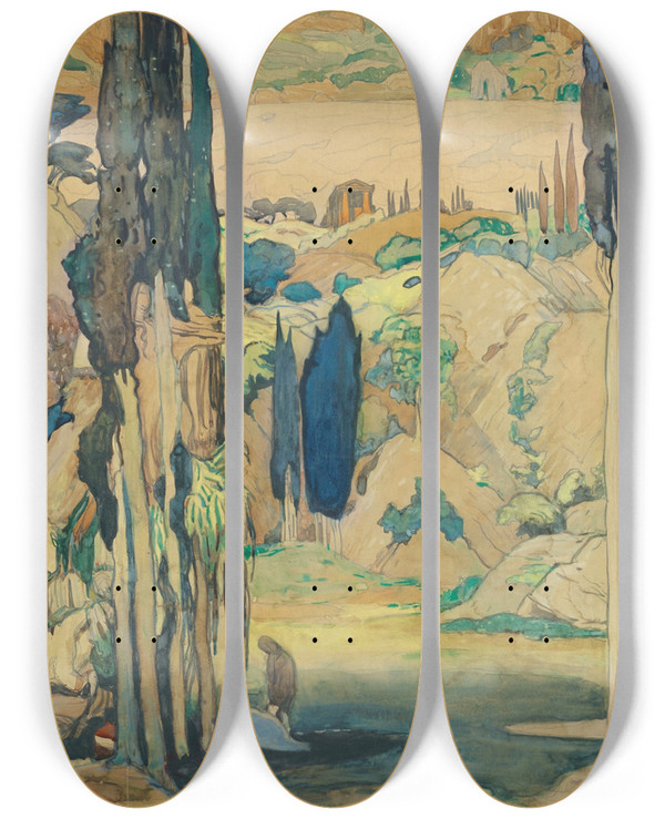Triptych art skateboard deck of Lon Bakst Stage Design For Daphnis Et Chlo Acts I And Iii by Leon Bakst (1866-1924)