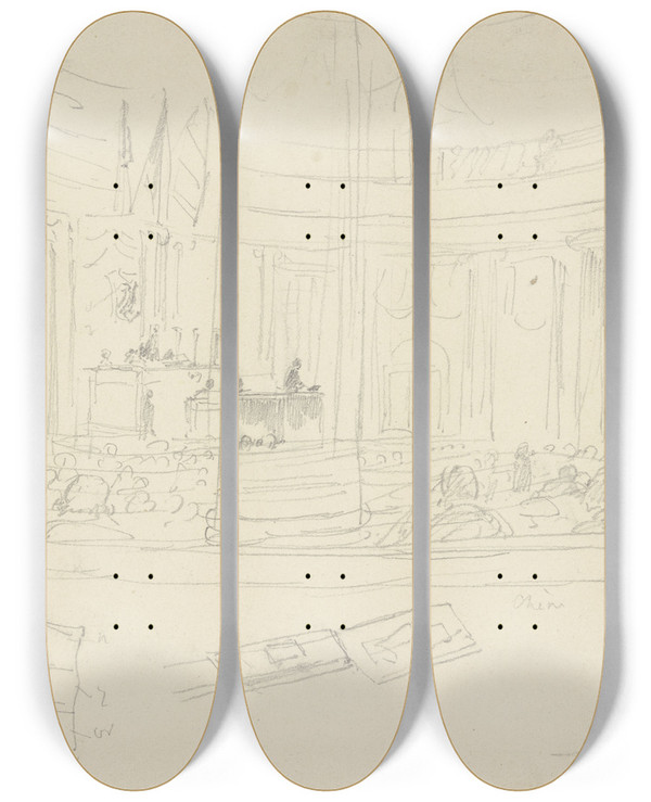Triptych art skateboard deck of Auguste Raffet Nationalversammlung In Der Frankfurter Paulskirche 1849 by Auguste Raffet