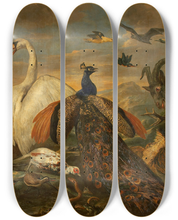 Triptych art skateboard deck of Pieter Boel Fighting Animals As Allegory Of The Combat Between Virtue And Vice by Pieter Boel (1622-1674)
