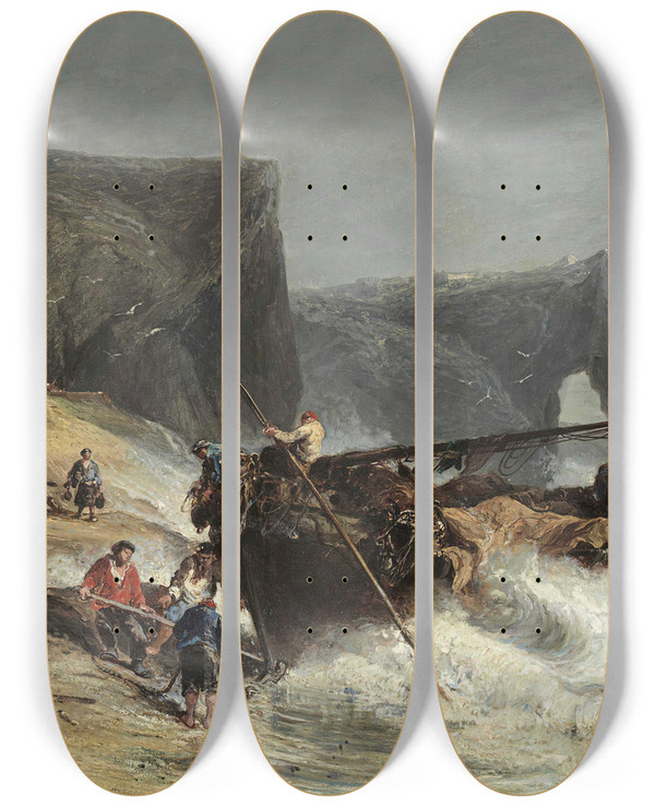 Triptych art skateboard deck of Julesachille Nol Fishermen Bringing In A Boat by Jules-Achille Nol (1815-1881)